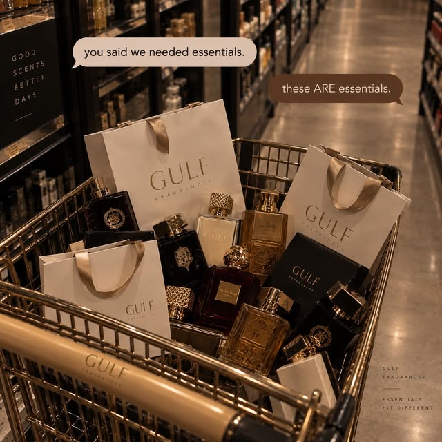 Fragrance bottles and Gulf Fragrances bags in a shopping trolley